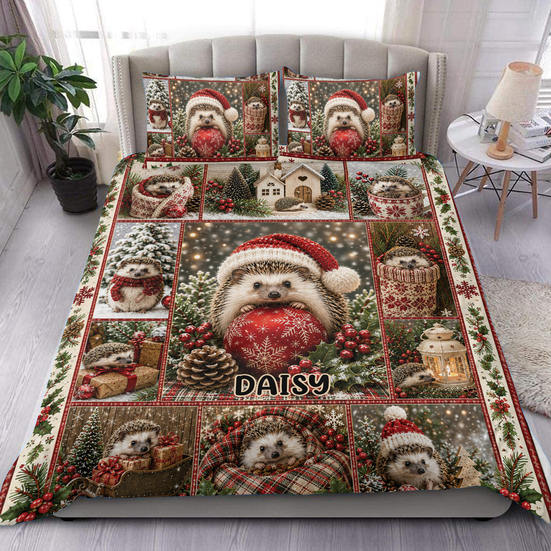 Christmas hedgehog duvet cover set displayed on a bed with matching pillowcases and festive red decor