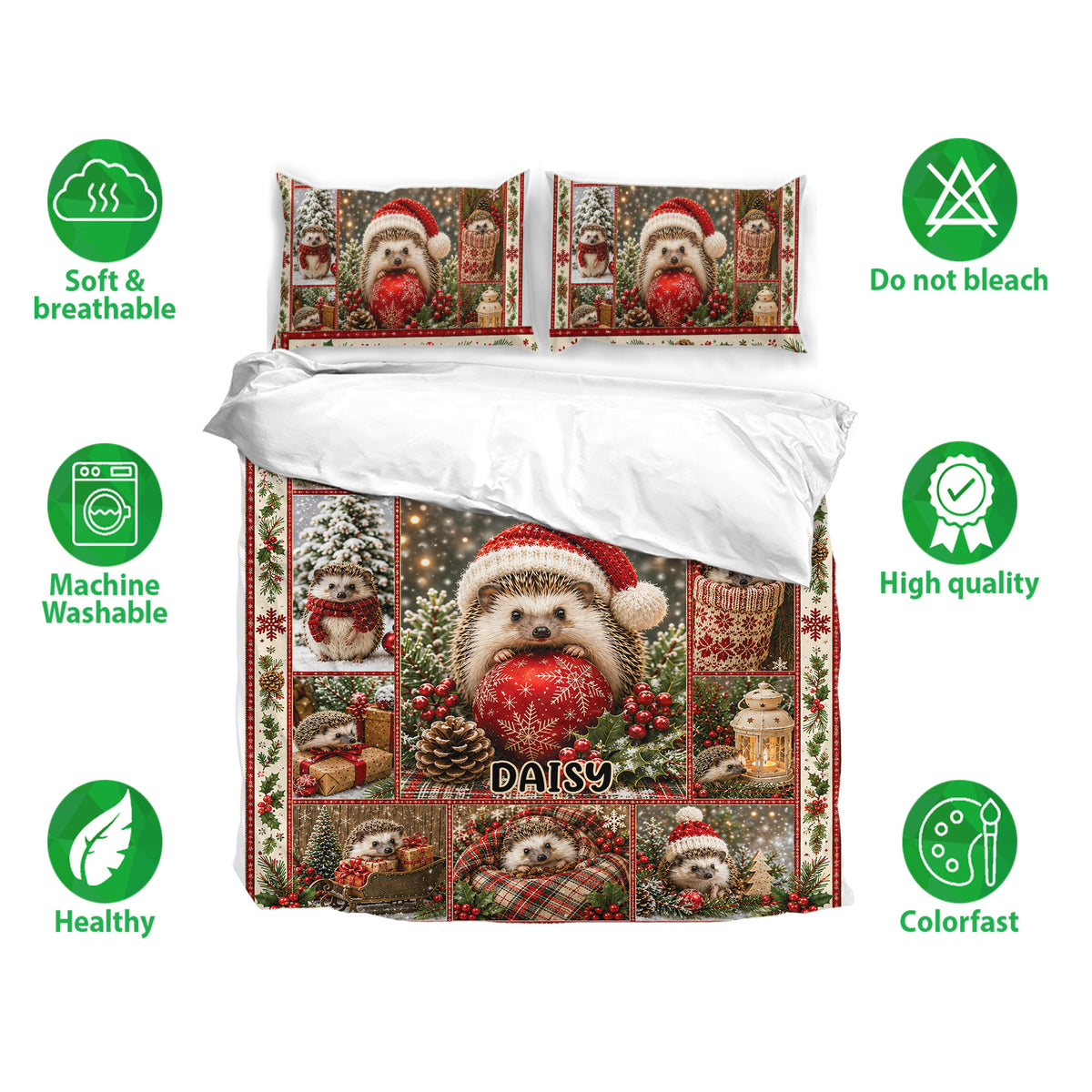 Christmas hedgehog duvet cover bedding set shown with matching pillowcases and soft breathable fabric features
