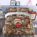 Festive hedgehog duvet cover set styled in a bedroom with snowy scenes, holly, pinecones, and red accents