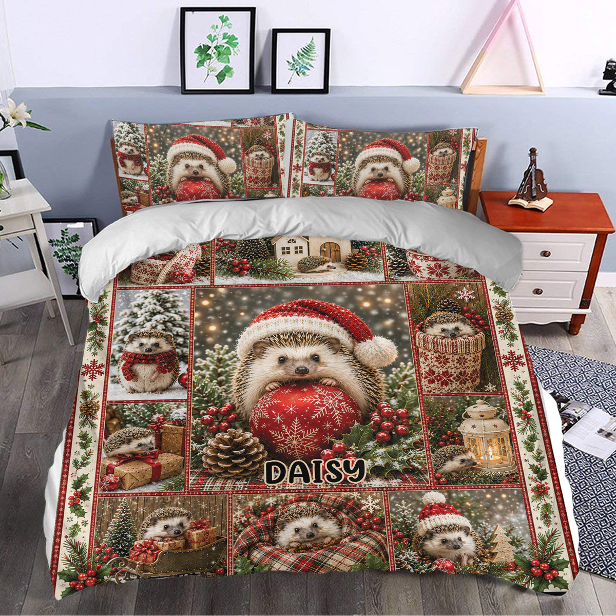 Festive hedgehog duvet cover set styled in a bedroom with snowy scenes, holly, pinecones, and red accents