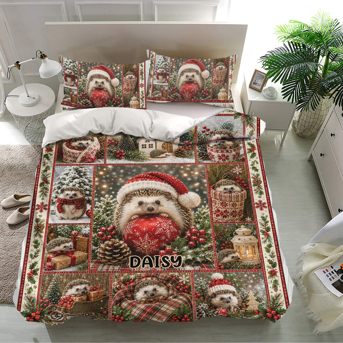 Christmas hedgehog bedding set presented in a bright bedroom with matching pillowcases and woodland holiday artwork