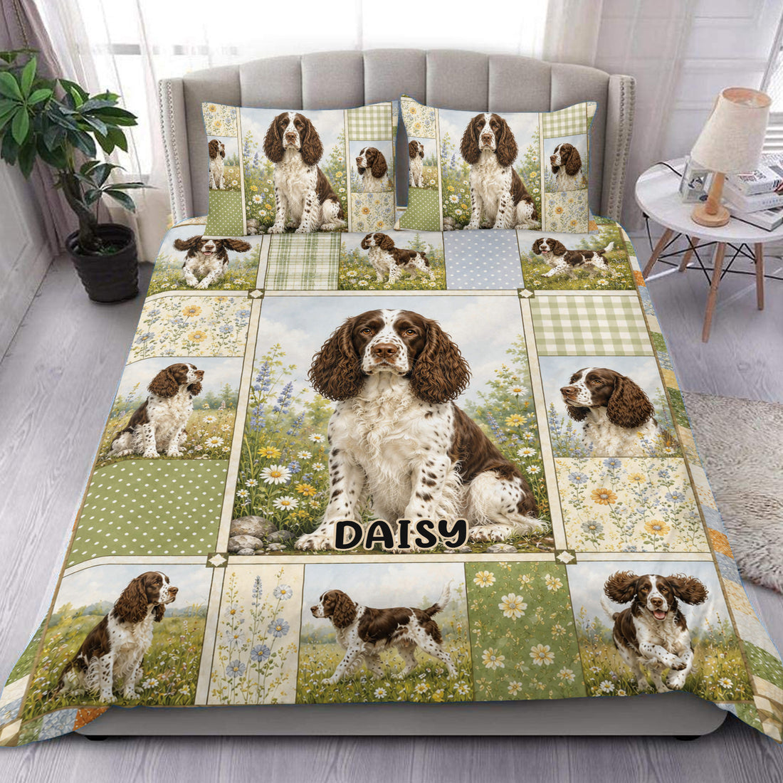 English Springer Spaniel duvet cover set displayed on a bed with floral meadow patchwork artwork