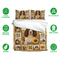 English Springer Spaniel bedding set with matching pillowcases, sunflower artwork, and breathable fabric feature icons