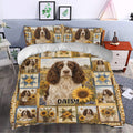 English Springer Spaniel duvet cover styled in a bedroom with sunflower patchwork, butterflies, and rustic country artwork