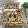 English Springer Spaniel bedding set on a bright bedroom bed with matching pillows and sunflower country decor