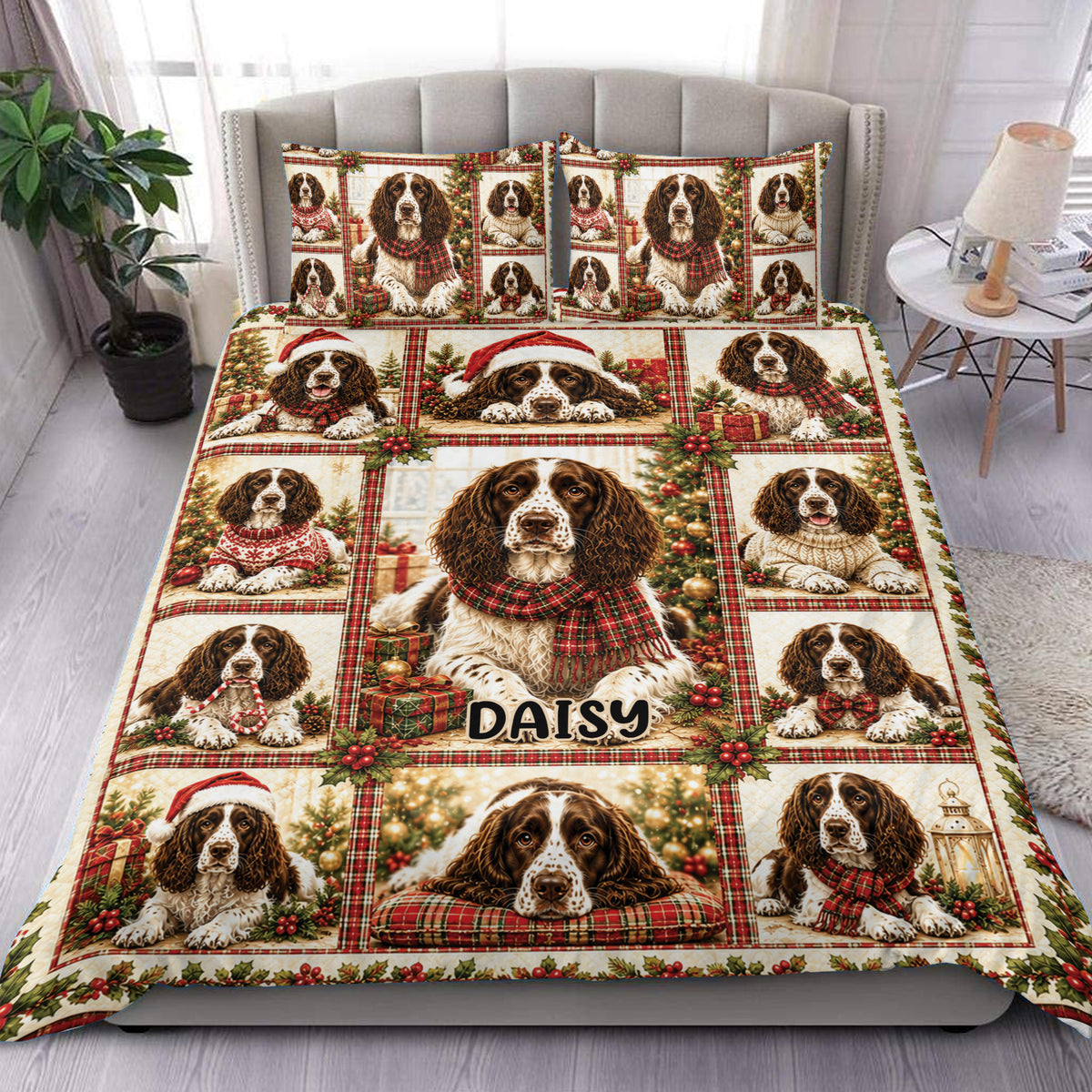 English Springer Spaniel duvet cover set with Christmas plaid, holly, gifts, trees, and festive bedroom styling