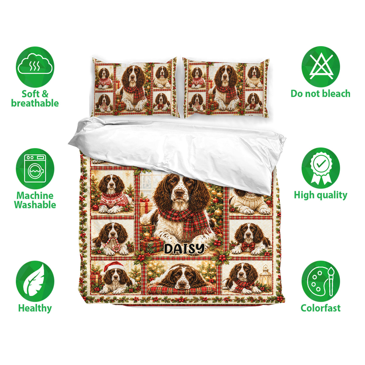 English Springer Spaniel Christmas duvet cover bedding set displayed with matching pillowcases and feature icons