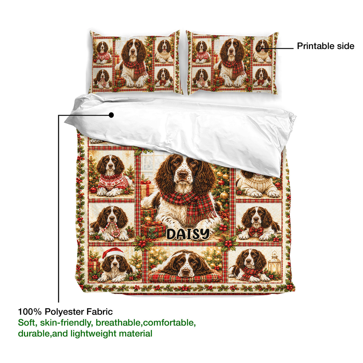 English Springer Spaniel Christmas duvet cover set showing printable artwork, polyester fabric, and bedroom presentation