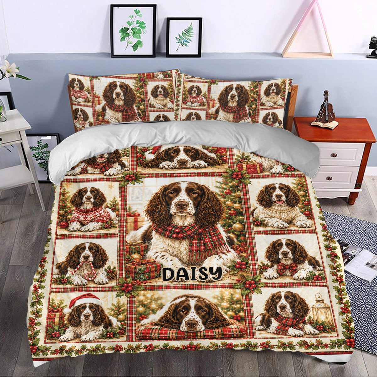 English Springer Spaniel duvet cover bedding set styled in a bedroom with festive plaid dog artwork
