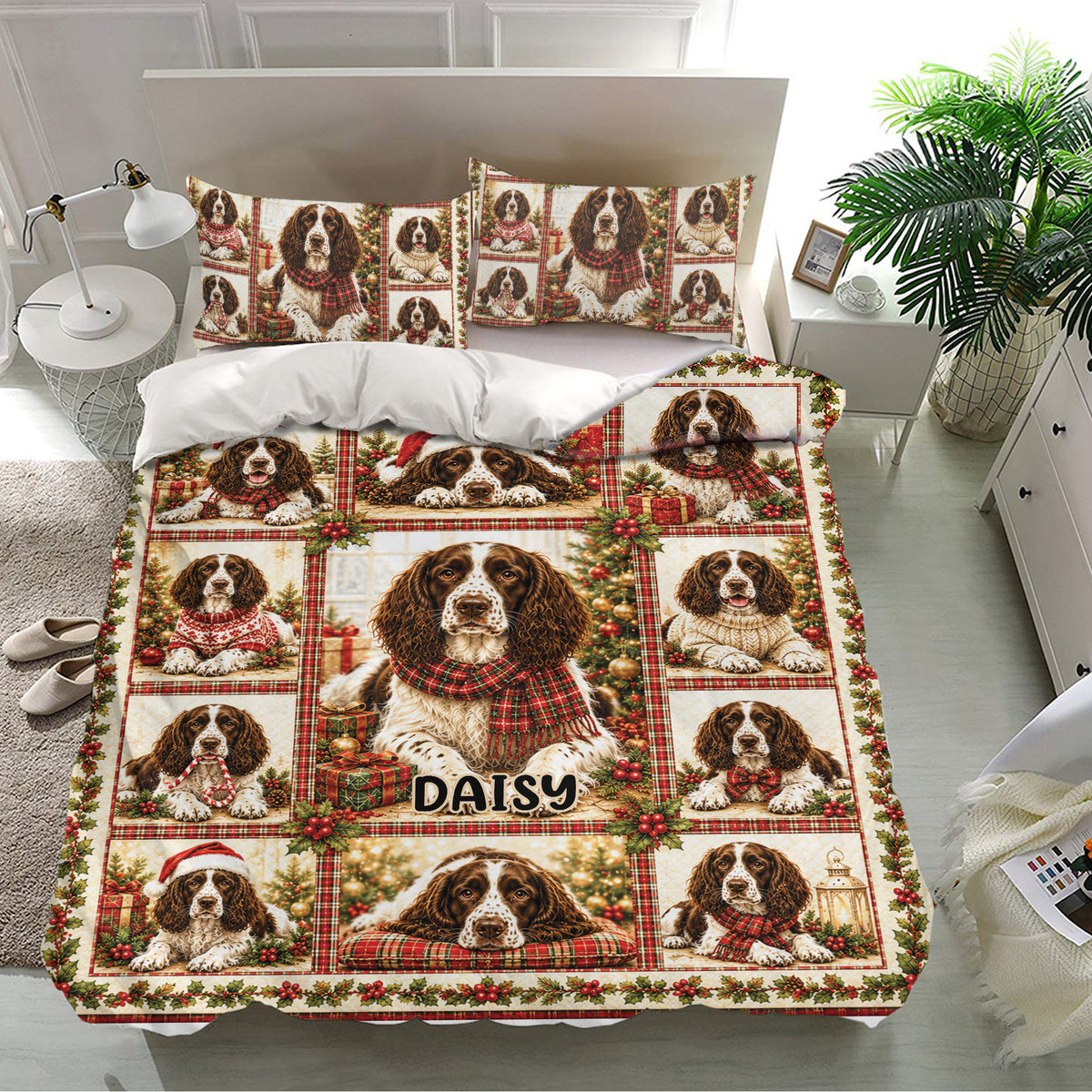 Christmas English Springer Spaniel duvet cover set with matching pillowcases in a bright modern bedroom