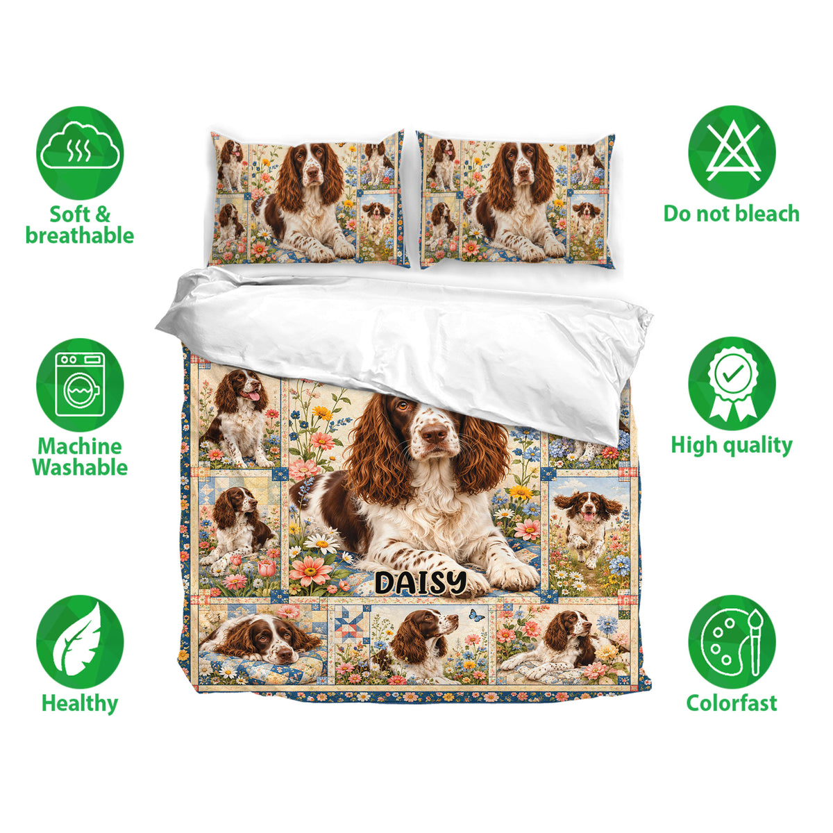 English Springer Spaniel bedding set displayed with matching pillowcases and soft, breathable fabric features