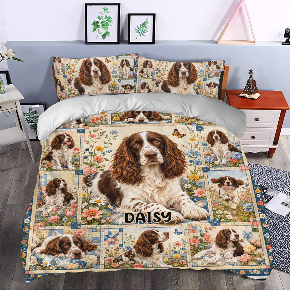 English Springer Spaniel duvet cover styled in a bright bedroom with flowers, butterflies, and blue borders