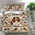 English Springer Spaniel bedding set shown on a modern bed with matching floral dog pillowcases