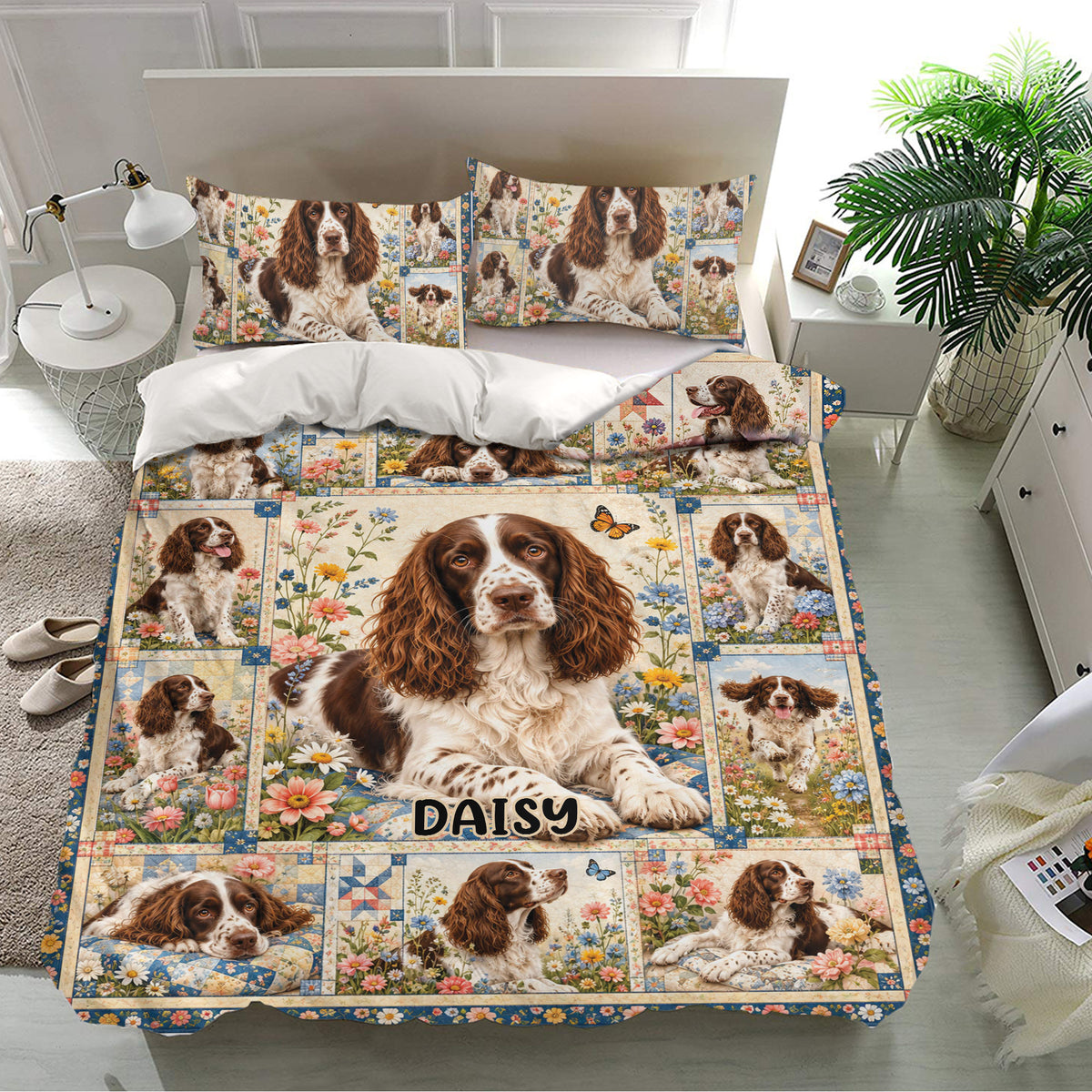 English Springer Spaniel bedding set shown on a modern bed with matching floral dog pillowcases