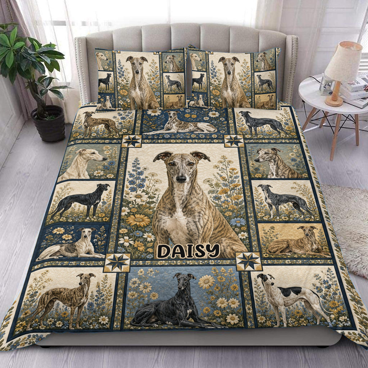 Greyhound duvet cover set displayed on a bed with floral panels, navy borders, and matching pillowcases