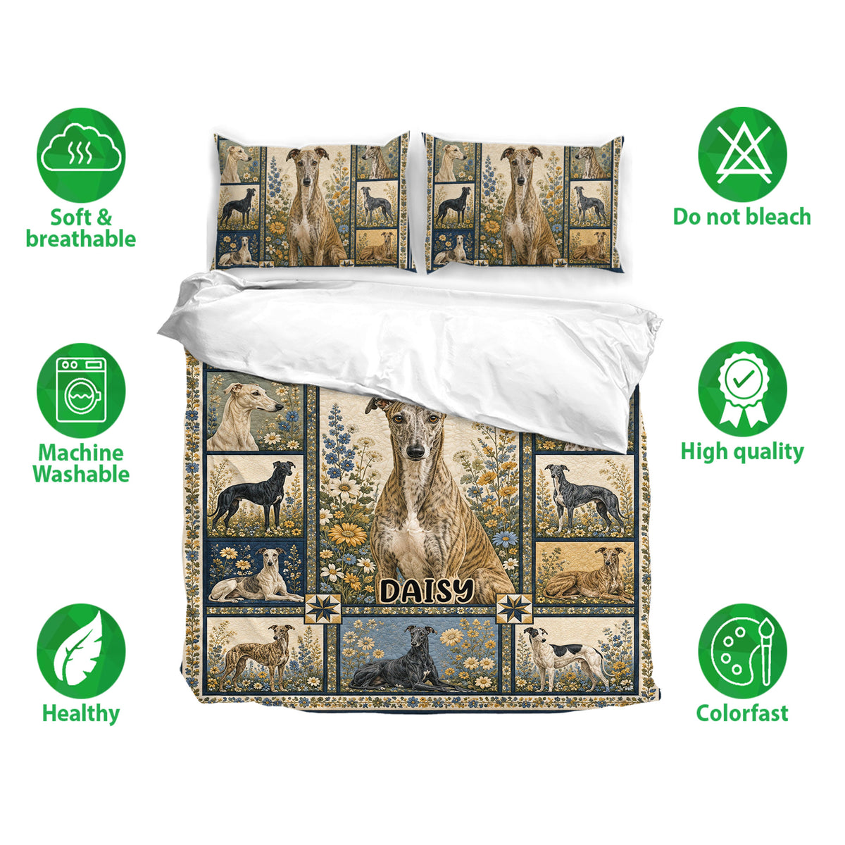 Greyhound bedding set shown with matching pillowcases and floral artwork in navy, cream, blue, and gold
