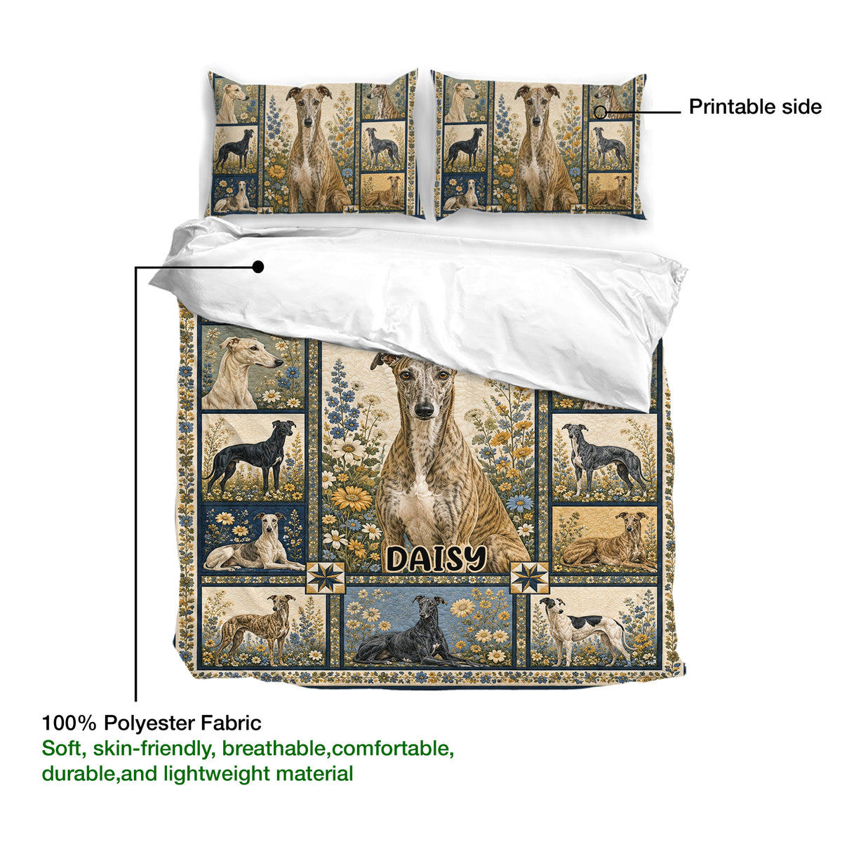 Greyhound duvet cover and pillowcases shown with a floral print side and soft polyester fabric details