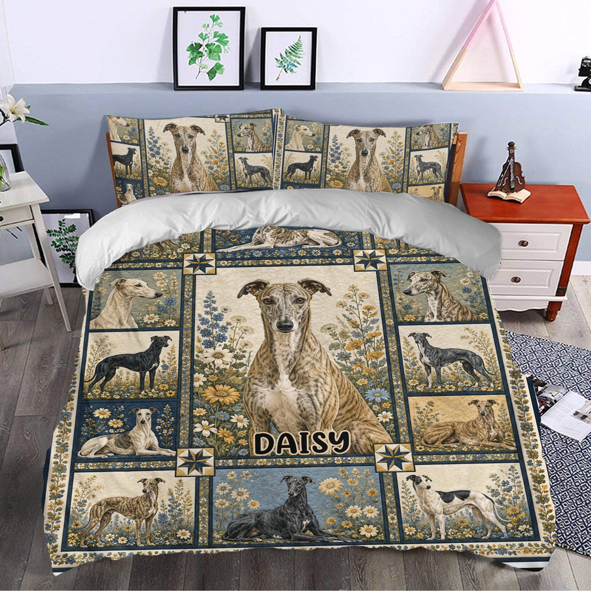 Greyhound duvet cover set styled in a bedroom with botanical decor and a vintage floral dog motif