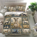 Greyhound bedding set presented in a bright bedroom with matching floral pillowcases and detailed dog artwork