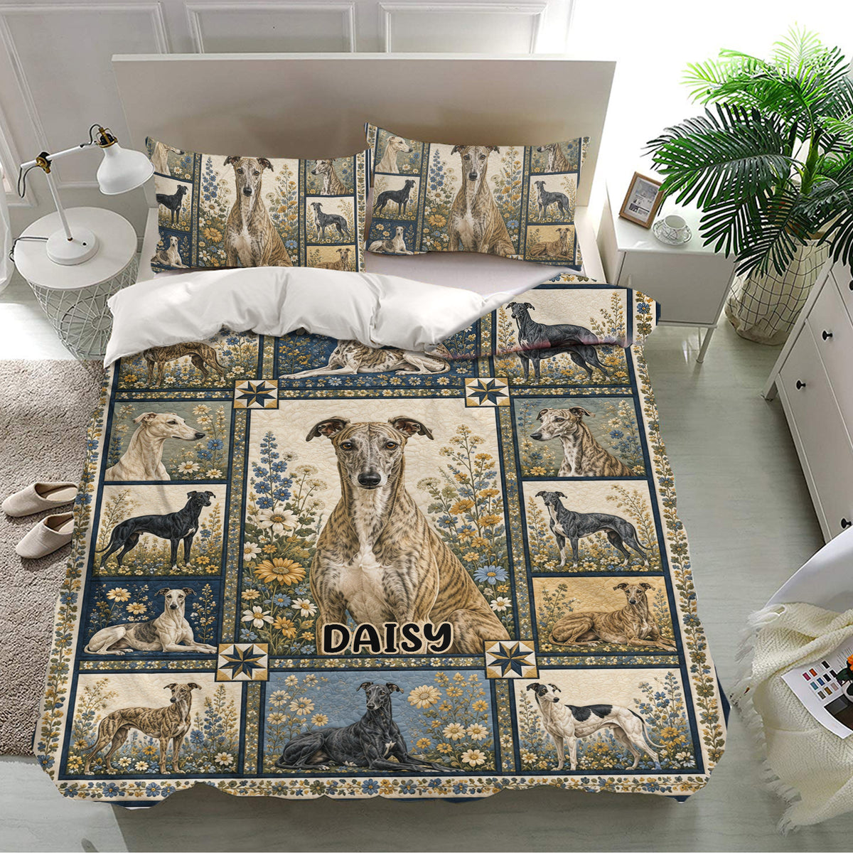 Greyhound bedding set presented in a bright bedroom with matching floral pillowcases and detailed dog artwork