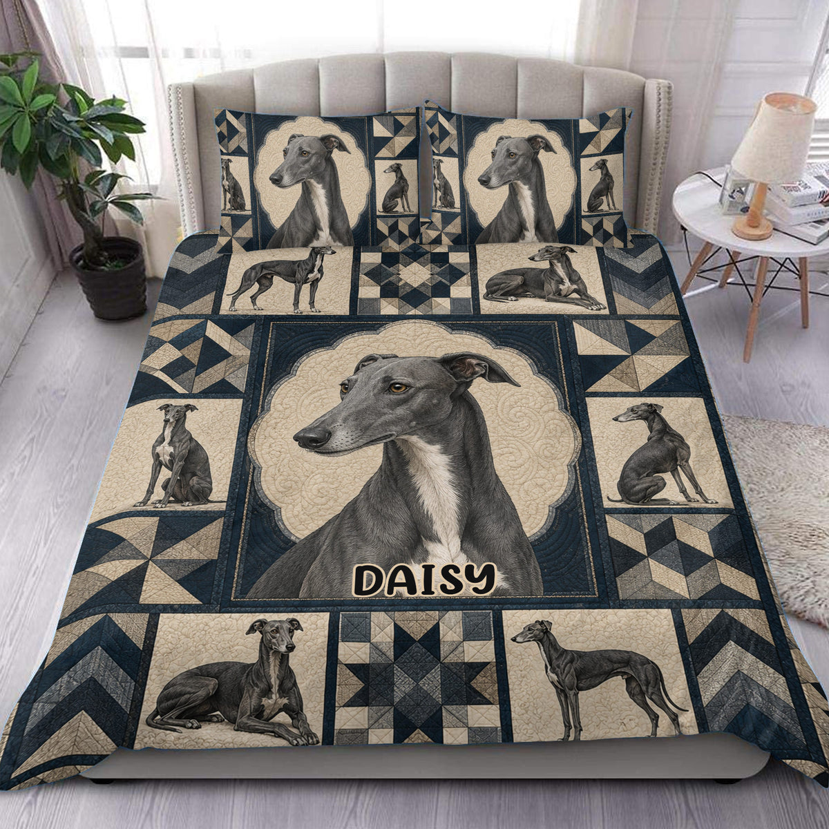 Greyhound duvet cover set displayed on a bed with navy, beige, and geometric patchwork artwork