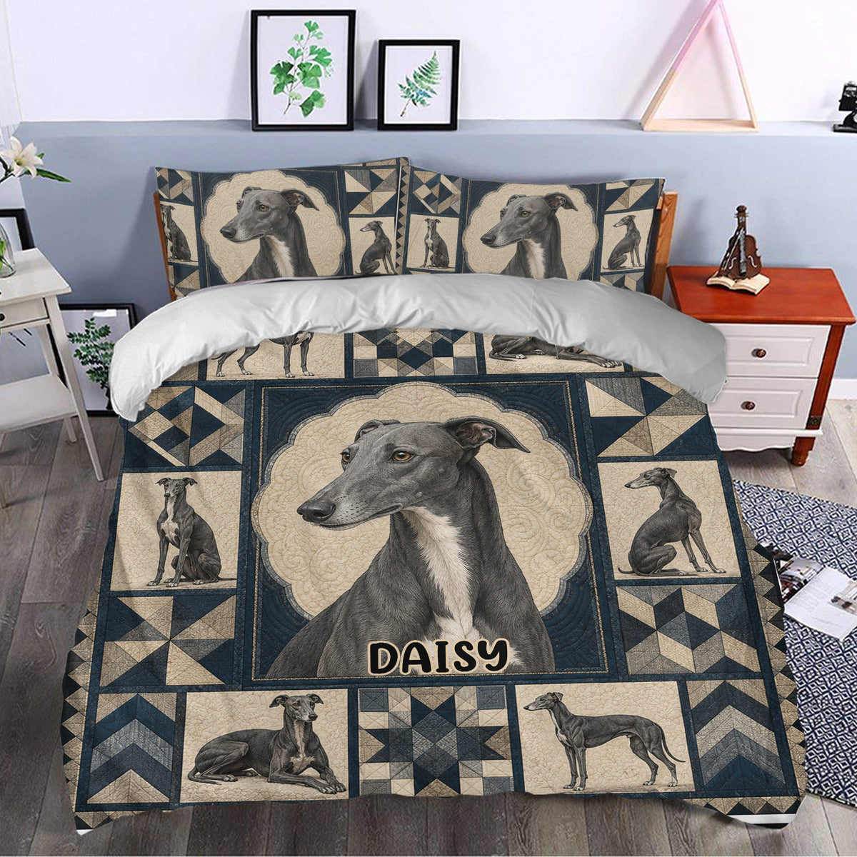 Greyhound duvet cover set styled in a bedroom with navy geometric borders and portrait artwork
