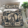 Greyhound bedding set displayed in a bright bedroom with matching pillowcases and detailed geometric artwork