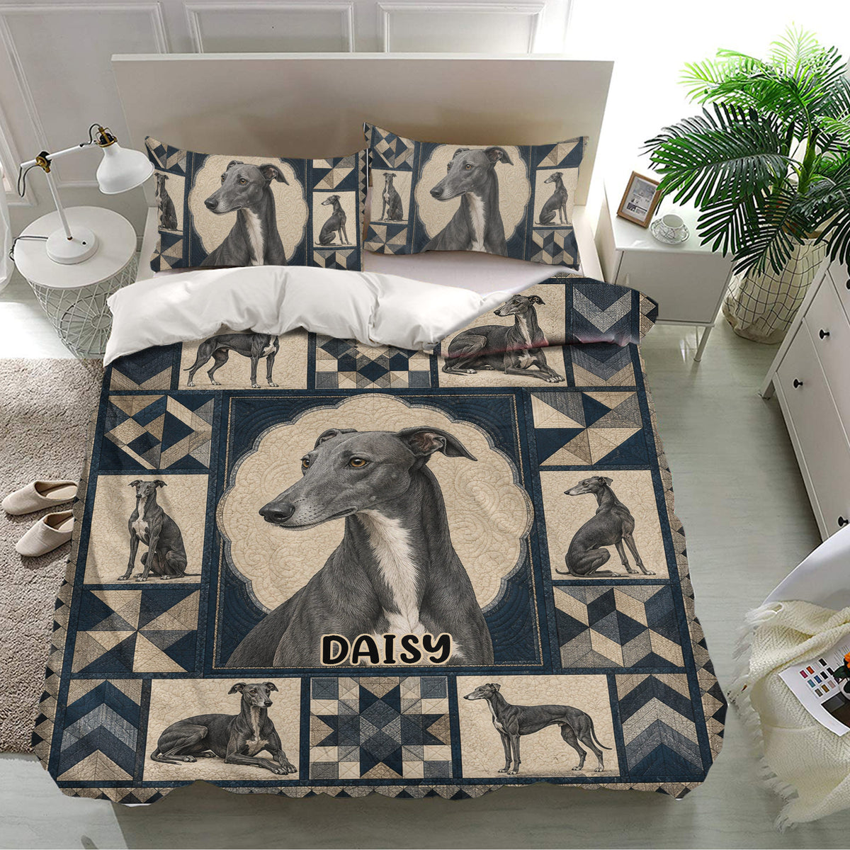 Greyhound bedding set displayed in a bright bedroom with matching pillowcases and detailed geometric artwork