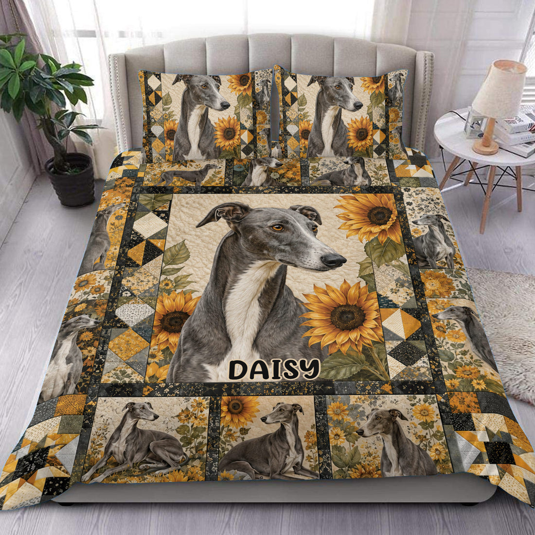 Greyhound duvet cover set with sunflower patchwork artwork in charcoal, cream, gold, and olive tones