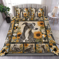 Greyhound duvet cover set with sunflower patchwork artwork in charcoal, cream, gold, and olive tones
