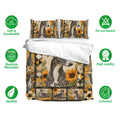 Greyhound bedding set displayed with matching pillowcases, sunflower artwork, and soft breathable fabric icons