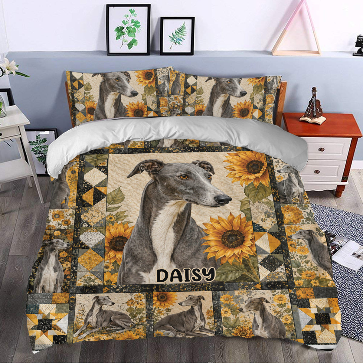 Greyhound duvet cover set styled in a bedroom with sunflower accents and coordinated patchwork pillowcases
