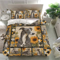 Greyhound bedding set presented on a bright bedroom bed with sunflower and geometric patchwork design