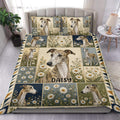 Greyhound duvet cover set with floral portraits, vintage-inspired panels, and blue, cream, and green bedroom styling