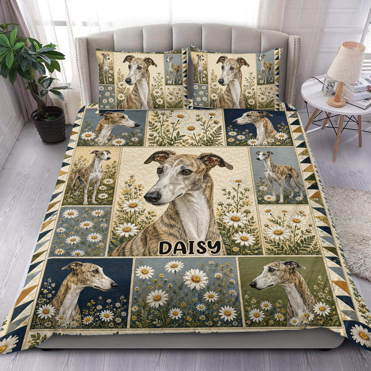Greyhound duvet cover set with floral portraits, vintage-inspired panels, and blue, cream, and green bedroom styling