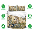 Greyhound bedding set displayed with floral artwork, soft breathable fabric, and a machine washable design guide