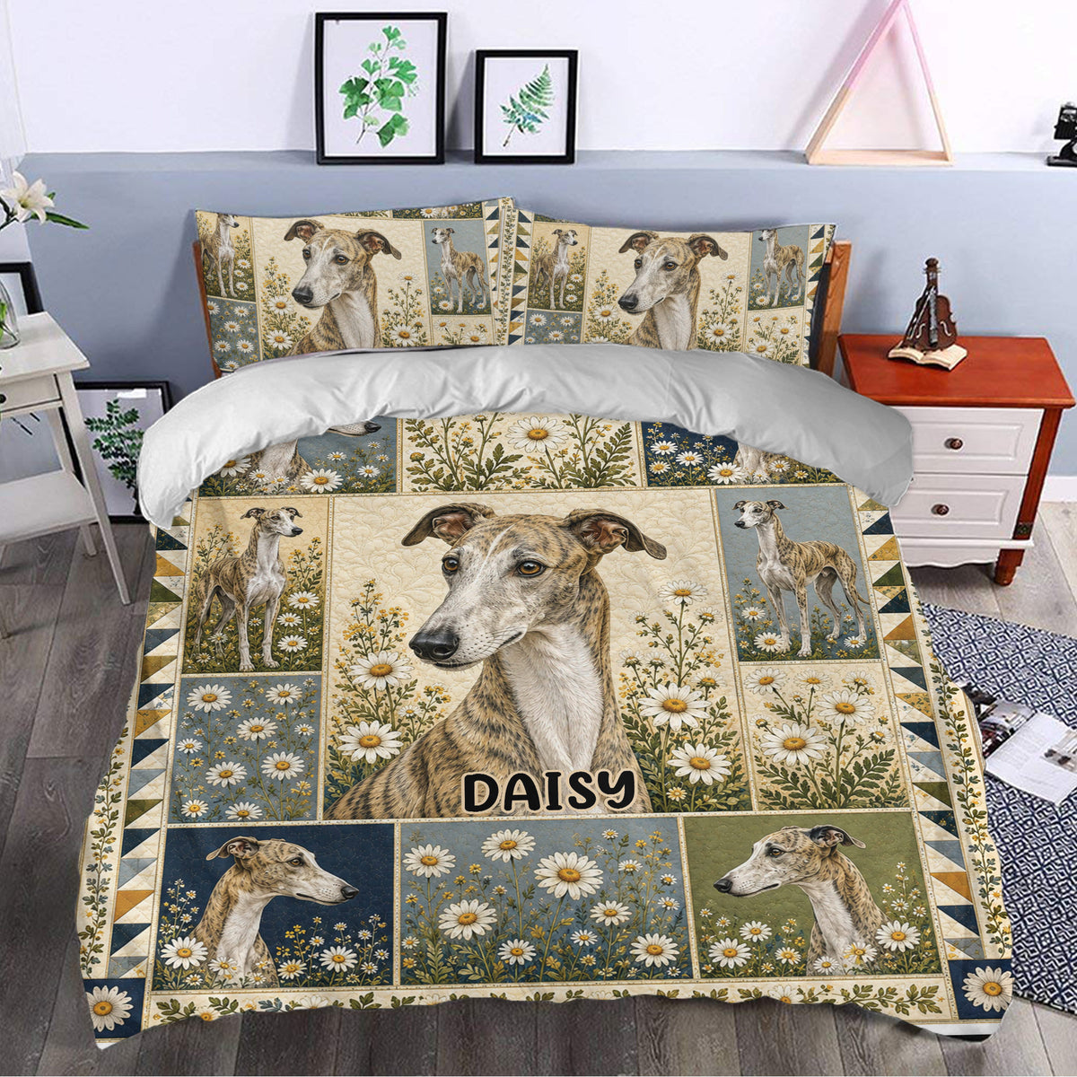 Greyhound floral duvet cover bedding set styled in a bright bedroom with coordinated pillowcases