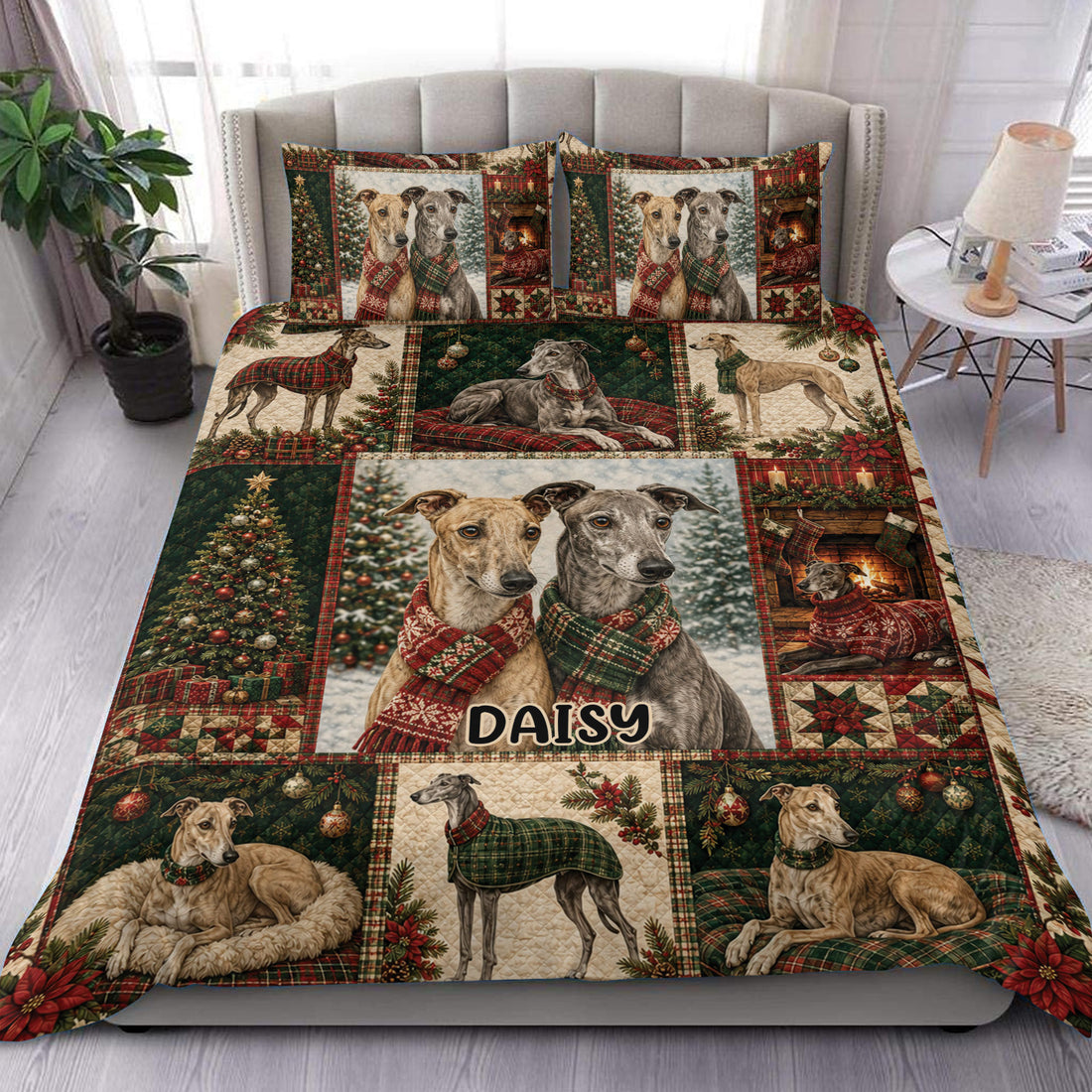 Greyhound Christmas duvet cover set with scarf-wearing dogs, trees, fireplaces, and festive plaid panels