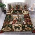 Greyhound Christmas duvet cover set with scarf-wearing dogs, trees, fireplaces, and festive plaid panels