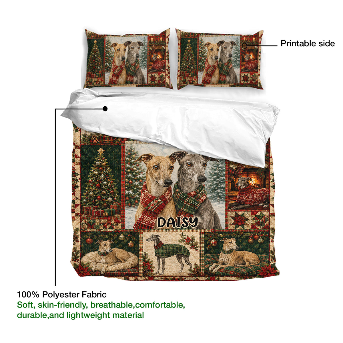 Greyhound Christmas duvet cover bedding set showing printable artwork and soft polyester fabric details