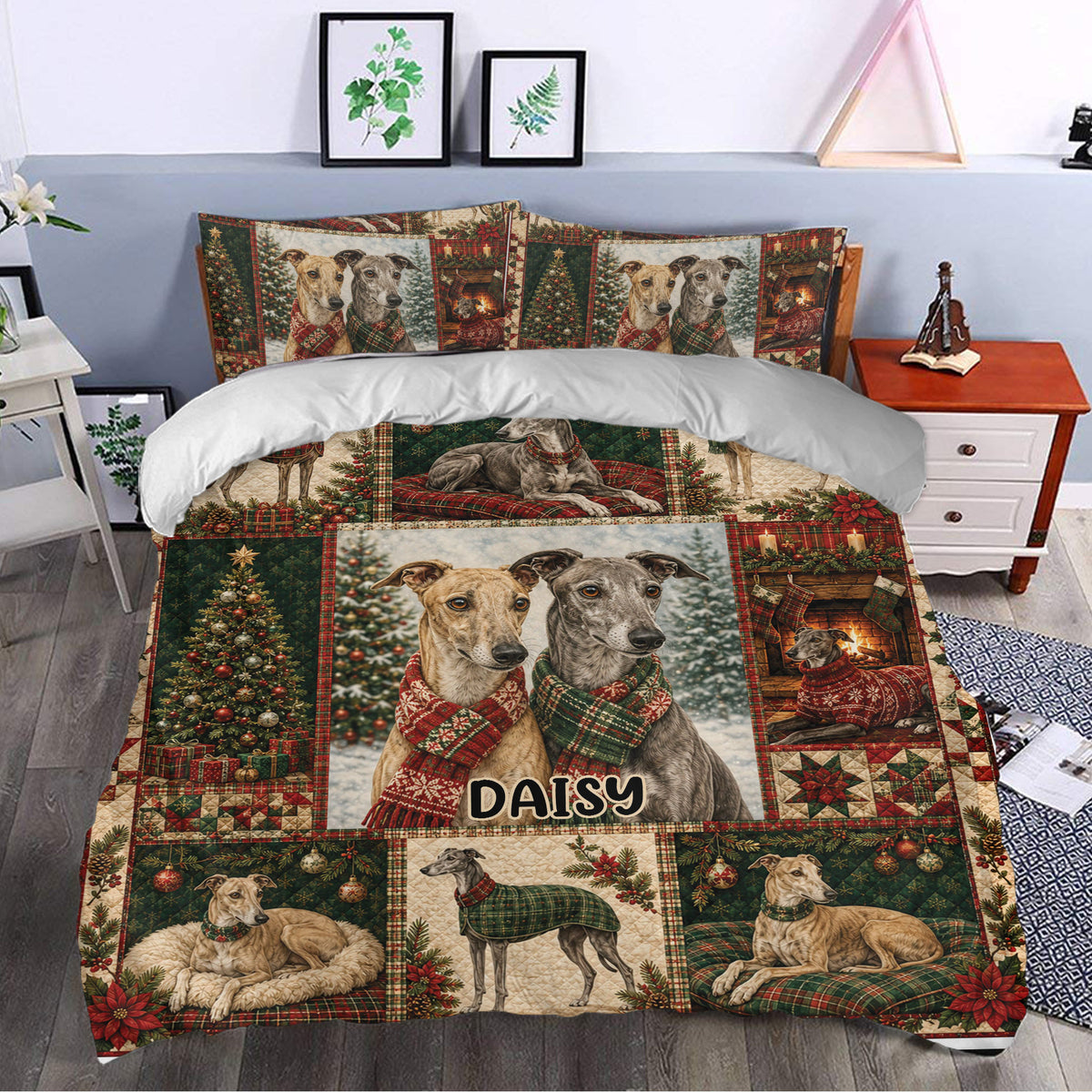 Greyhound Christmas duvet cover styled in a bedroom with festive plaid, poinsettias, trees, and fireplaces