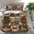 Greyhound Christmas bedding set displayed on a bright bed with matching pillows and holiday dog artwork