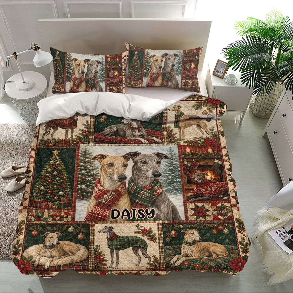Greyhound Christmas bedding set displayed on a bright bed with matching pillows and holiday dog artwork