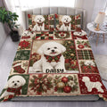 Bichon Frise Christmas duvet cover set displayed on a bedroom bed with festive plaid and ornament artwork