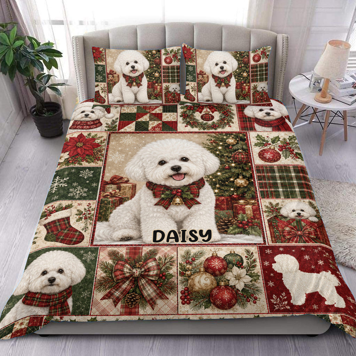Bichon Frise Christmas duvet cover set displayed on a bedroom bed with festive plaid and ornament artwork