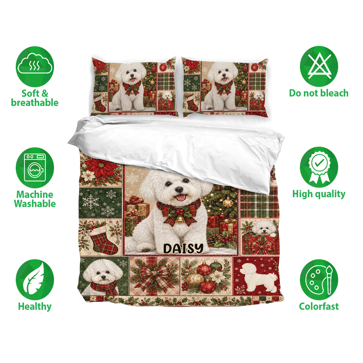 Bichon Frise Christmas bedding set with matching pillowcases, festive artwork, and soft breathable design icons