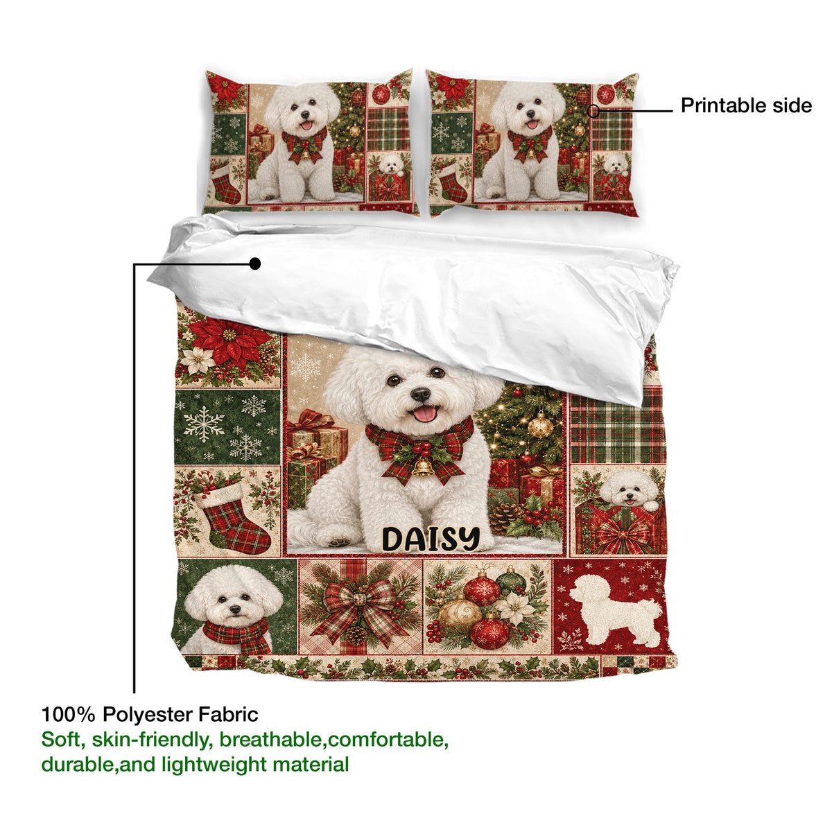 Bichon Frise duvet cover bedding set showing the printed side, lightweight fabric, and holiday dog artwork