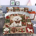Bichon Frise Christmas duvet cover set styled in a bedroom with plaid, poinsettias, gifts, and dog portraits