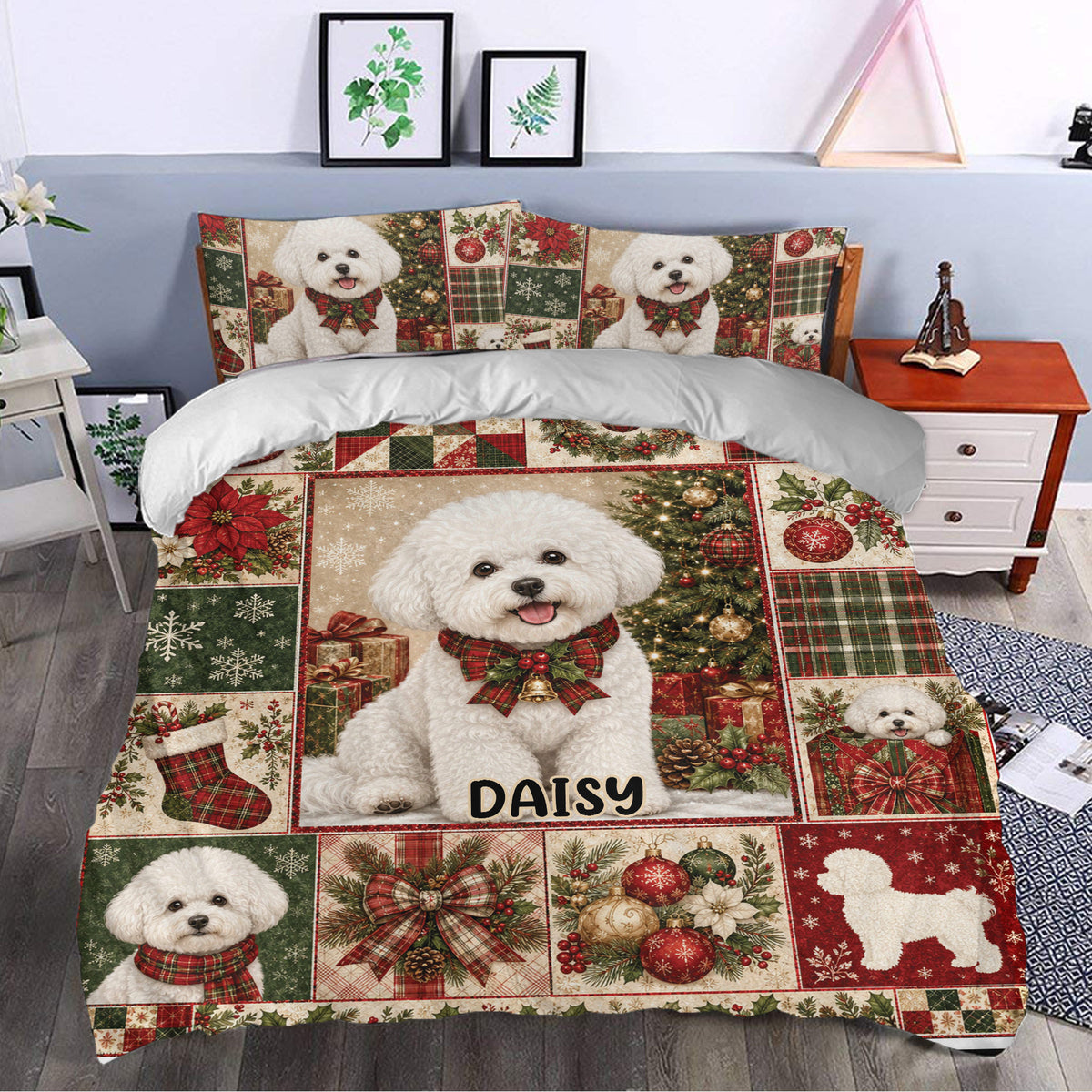 Bichon Frise Christmas duvet cover set styled in a bedroom with plaid, poinsettias, gifts, and dog portraits