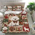Bichon Frise holiday bedding set displayed in a bright bedroom with matching pillowcases and festive patchwork art